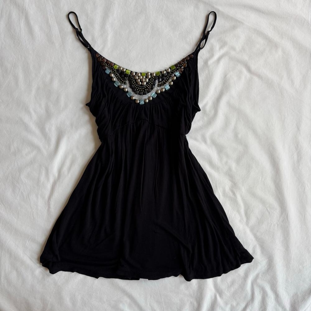 Y2K Beaded Cami American Rag Cie Black Babydoll Top - Size S